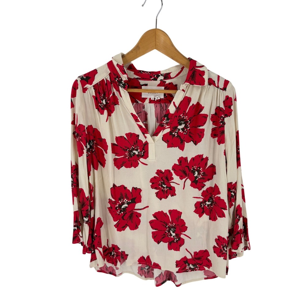 ba&sh Floral V-Neck Blouse Red Cream XS French Boho Parisian Chic Peasant